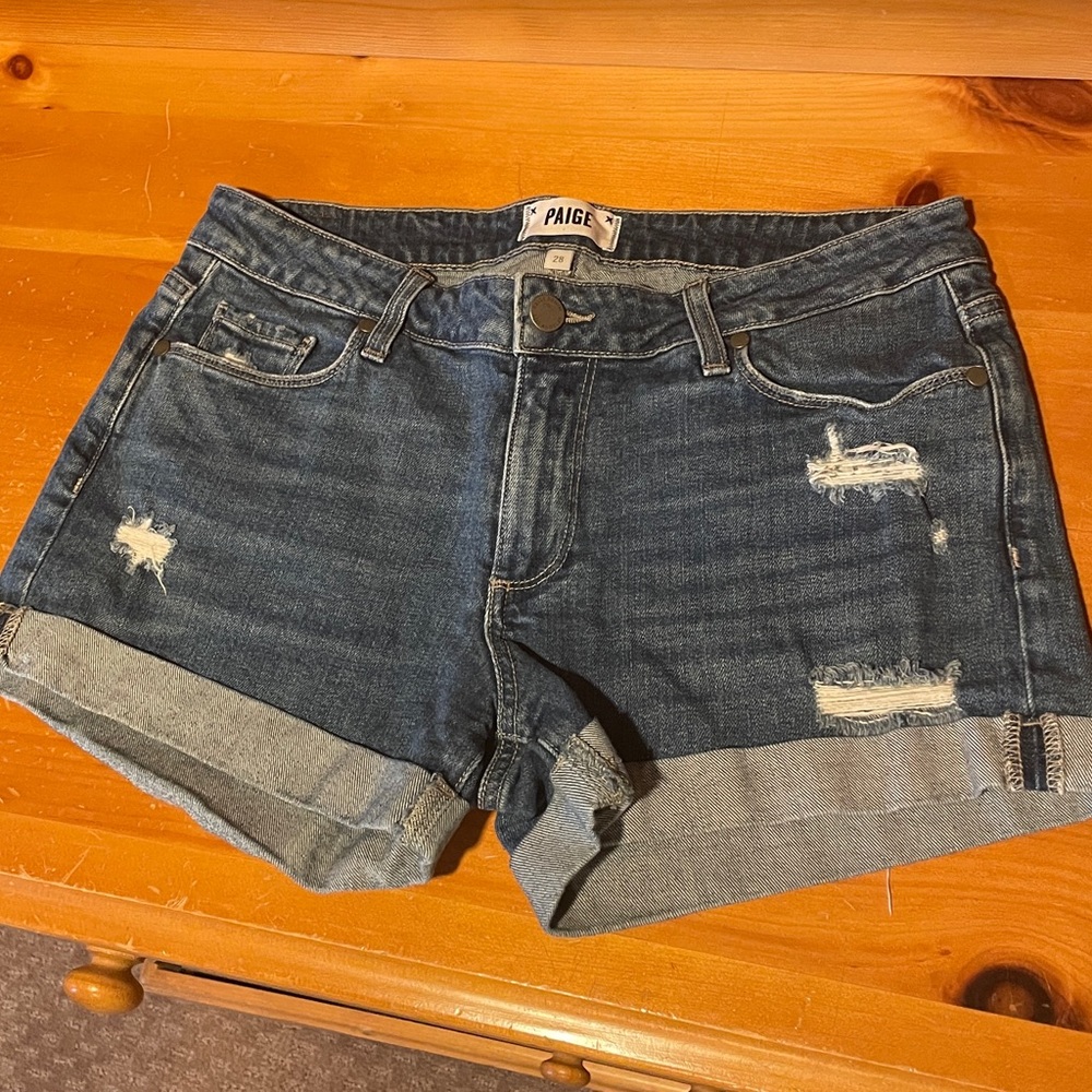 PAIGE Blue Jean Shorts Distressed Cuffed